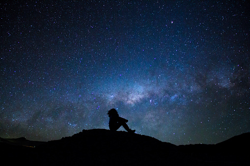 Uyuni, Bolivia - October 30, 2016: Man's silhouette, sitted on a little hill, pointing to the sky, with the bright milky way as background.