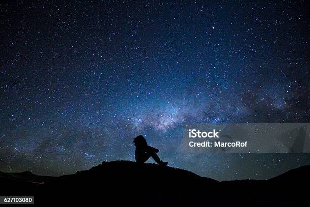 Mans Silhouette Sitted Staring At The Milky Way Stock Photo - Download Image Now - Astronomy, Star - Space, Staring