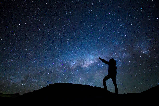 istock Man's silhouette on hill pointing the milky way 627104356