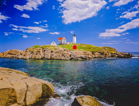 Nubble Lighthouse stands out on the Maine coastine at Cape Neddick