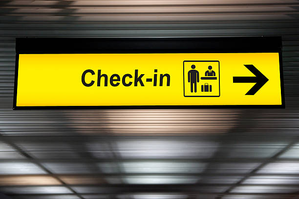 istock check in information sign at the airport. 627118282