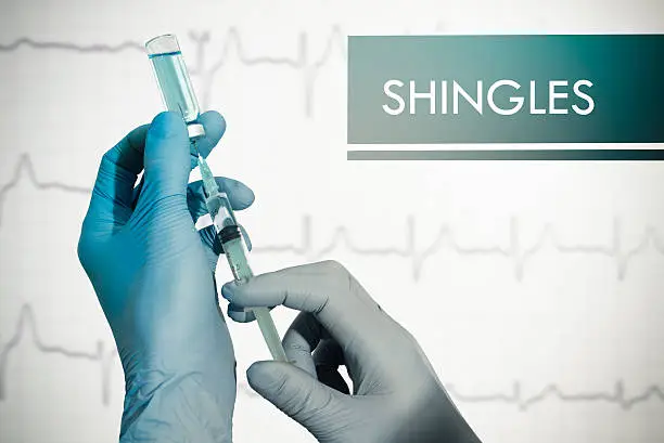 Stop shingles. Syringe is filled with injection. Syringe and vaccine