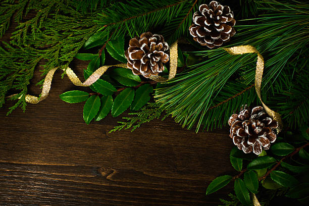 Holiday background with real greenery, pinecones and gold ribbon