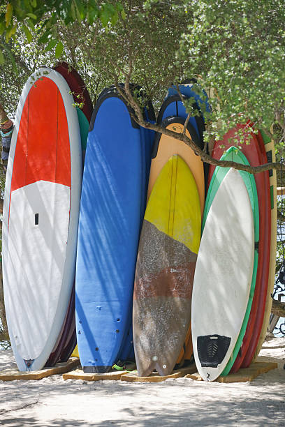 istock Set of different color surfboards in a stack by ocean 627147926