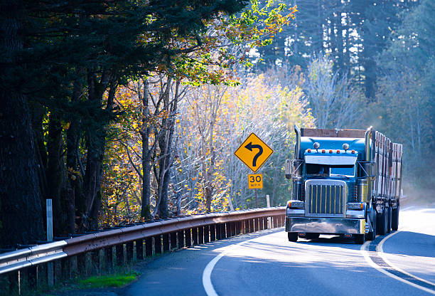 istock Blue semi truck rig with trailer on sunny windy road 627148478