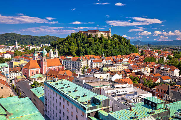 City of Ljubljana center aerial view City of Ljubljana center aerial view, capital of Slovenia slovenia stock pictures, royalty-free photos & images
