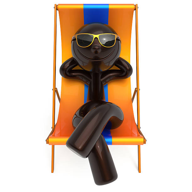 Smiling man resting beach deck chair sunglasses summer cartoon character chilling stylized person sun lounger tourist have fun sunbathe relax lifestyle outdoor vacation travel destination. 3d render