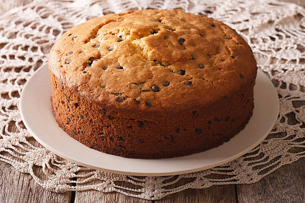 Freshly baked biscuit cake with chocolate chips close-up