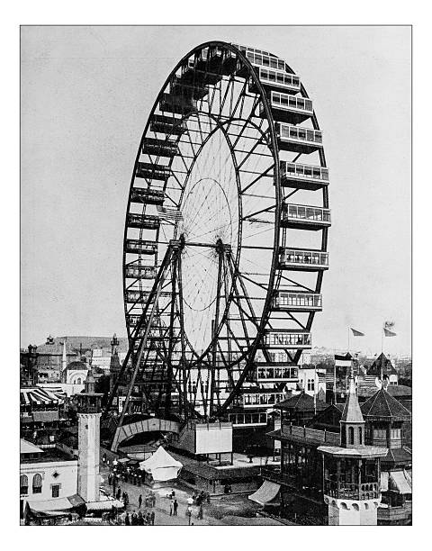 Antique photograph of the Ferris wheel -World's Columbian Exposition,Chicago-1893 Antique photograph of the Ferris wheel at the World's Columbian Exposition, held in Chicago (USA) in 1893 amusement park photos stock illustrations