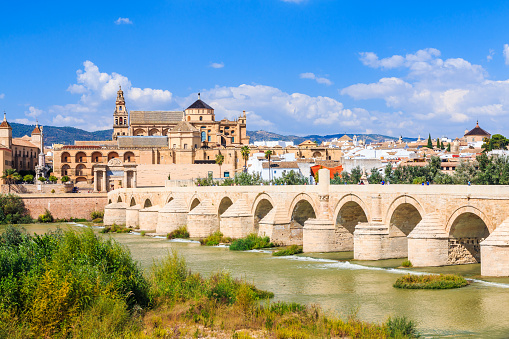 Cordoba, Spain. The Roman Bridge and Mosque (Cathedral) on the Guadalquivir River.