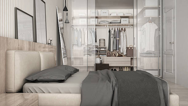 istock Classic minimal bedroom with walk-in closet 627178356