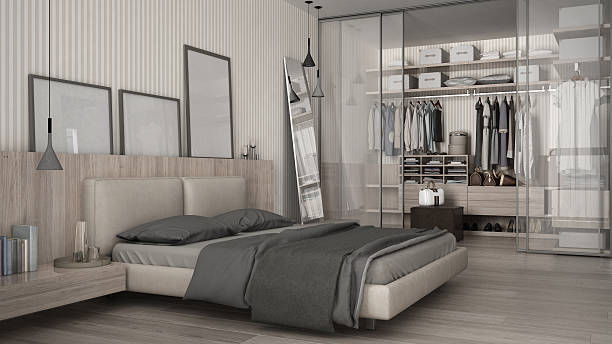 istock Classic minimal bedroom with walk-in closet 627183120