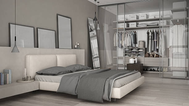 istock Classic minimal bedroom with walk-in closet 627183210