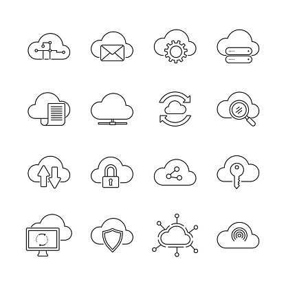 Cloud computing monochrome line icon set