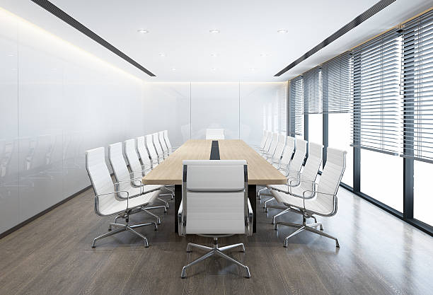istock Minimal white Conference room with white chairs 627186910
