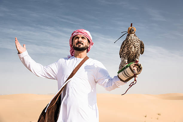 istock arabic sheik on the desert holding a falcon 627196892