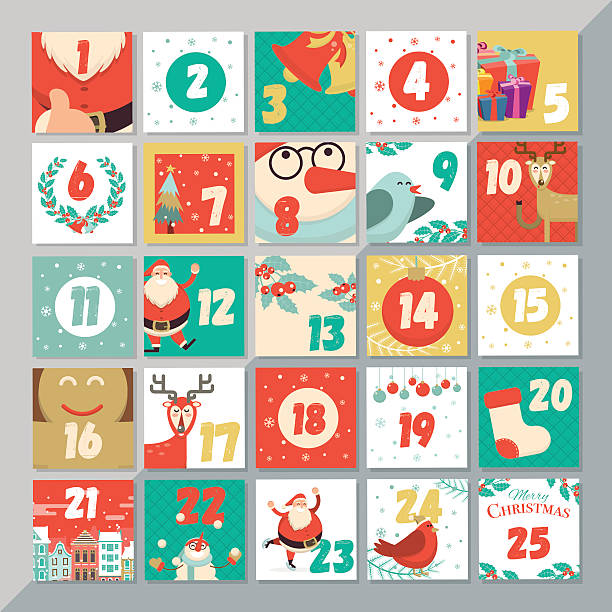 illustrazioni stock, clip art, cartoni animati e icone di tendenza di modello di calendario dell'avvento natalizio. biglietto d'auguri di natale vettoriale - advent calendar advent calendar christmas