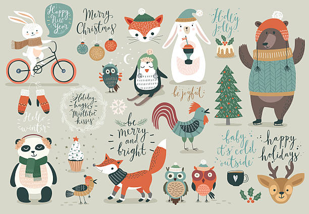 weihnachten-set, handgezeichneter stil - illustration and painting art creativity decoration stock-grafiken, -clipart, -cartoons und -symbole