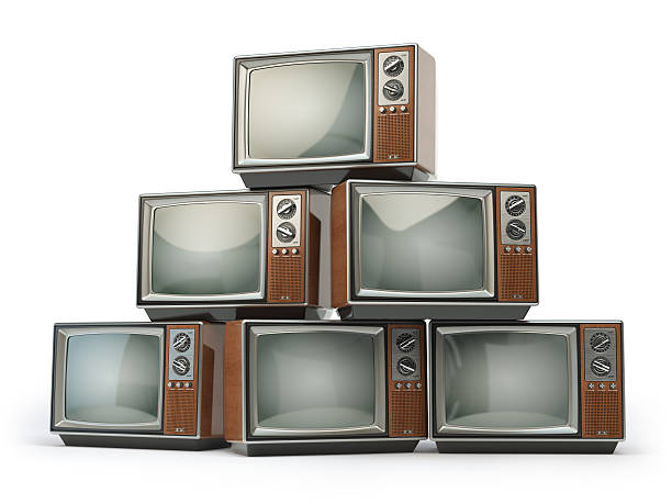 istock Heap of retro TV sets isolated on white background. Communicatio 627201928