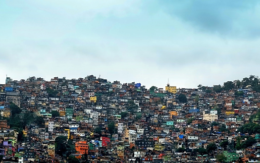 Favela Rocinha, Rio de Janeiro, Brazil. Largest favela in Brazil built on a steep hillside in Rio de Janeiro's South Zone between the districts of São Conrado and Gávea.