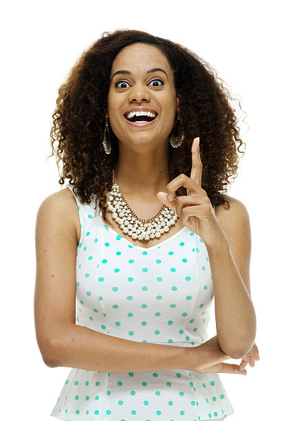 istock Cheerful woman pointing up 627202926