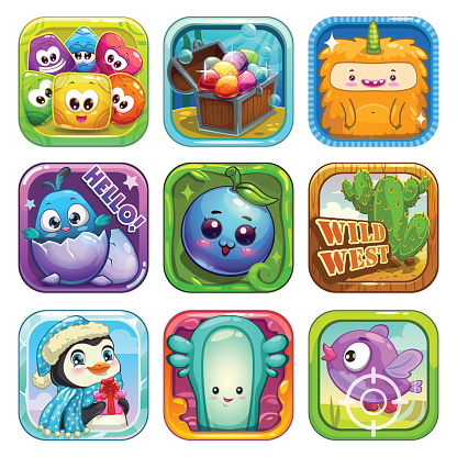 Funny app icons set. Vector game assets for application store. Cartoon childish illustrations.