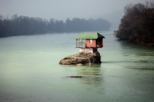 Bajina Basta, Serbia - November 27, 2016: The house on the rock on river Drina in Bajina Basta, Serbia.