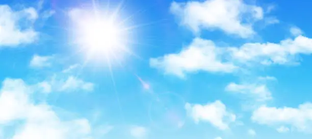 Vector illustration of Sunny background, blue sky with white clouds and sun