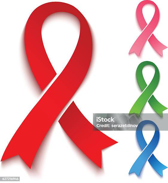 Red Pink Green And Blue Ribbons Stock Illustration - Download Image Now - Red, Ribbon - Sewing Item, Lymphoma