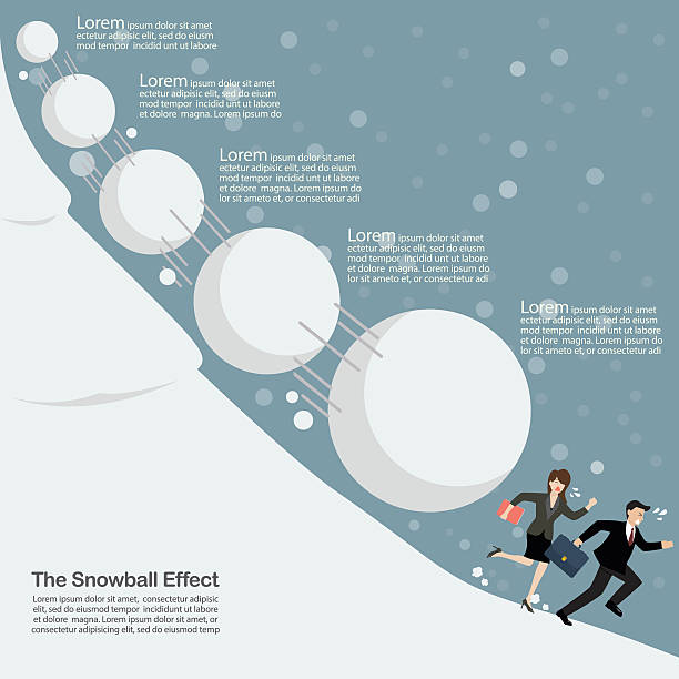 ilustraciones, imágenes clip art, dibujos animados e iconos de stock de hombre y mujer de negocios huyendo del efecto bola de nieve - snowball