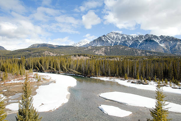 istock Bow River and Mountain Range in Winter, Canadian Rockies 627217072