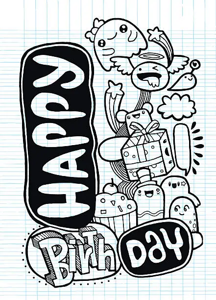 Vector illustration of Happy birthday ,monster party card design ,Hand drawn ,Doodle,Ve