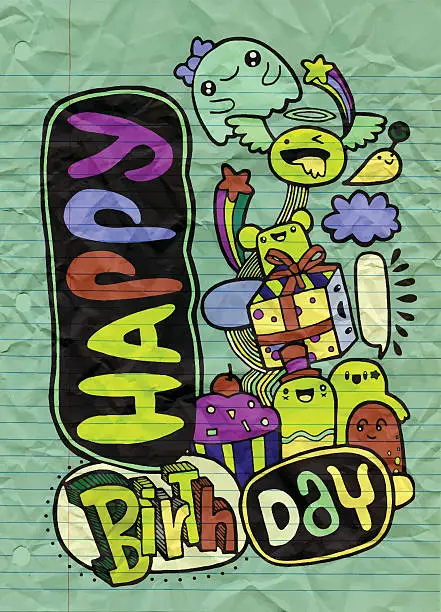 Vector illustration of Happy birthday ,monster party card design ,Hand drawn ,Doodle,Ve