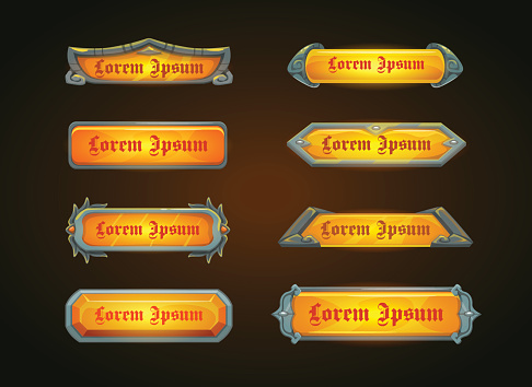 Shiny horizontal orange game templates on dark background, vector game assets for epic GUI