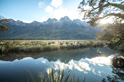 Mirror Lake on the road to Milford Sound near Te Anau, New Zealand.