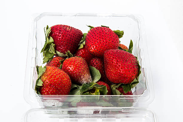 istock Red ripe strawberries rotten in plastic box. 627219450