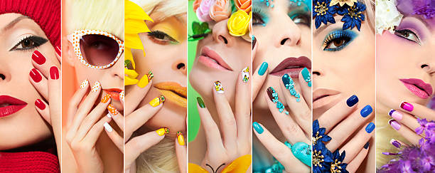 rainbow colored makeup and manicure. - beauty beautiful creativity stage makeup imagens e fotografias de stock