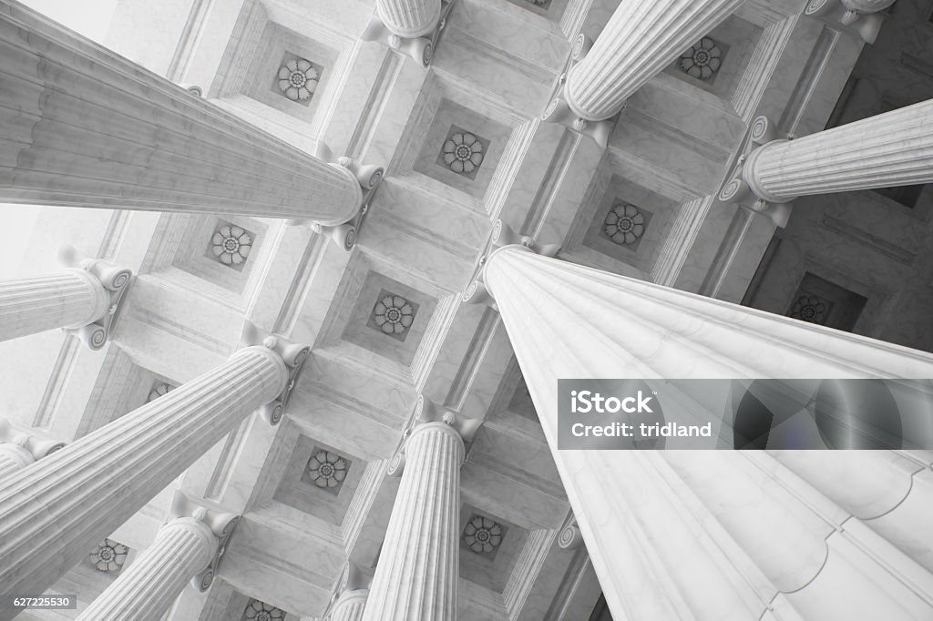 Marble Columns. Classical architecture background. Ceiling and columns. 3D rendering. Architectural Column Stock Photo