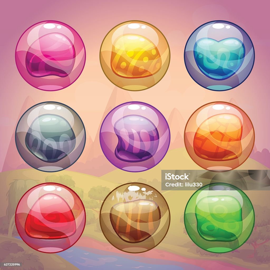 Colorful glossy bubbles with magic stones inside Colorful glossy bubbles with magic stones inside. Vector assets for game design Leisure Games stock vector