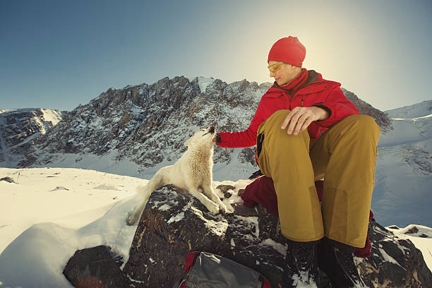 istock Traveller man with white dog in snow mountains landscape 627228192