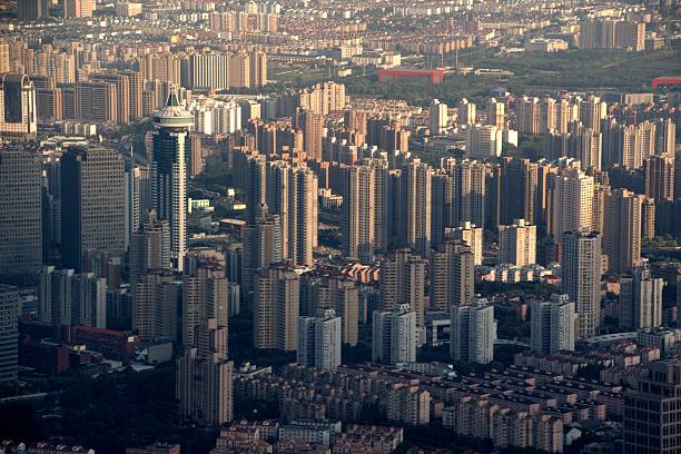 Shanghai residential district cityscape, viewed from top of the Megatall Shanghai Tower, height  632 mt, the tallest skyscraper in China.