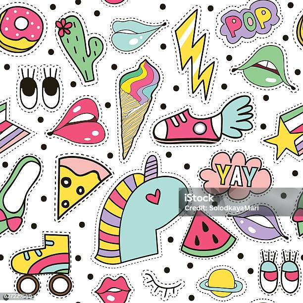 Seamless Pattern With Fashion Patches Fun Retro Print Pin Texture Stock Illustration - Download Image Now