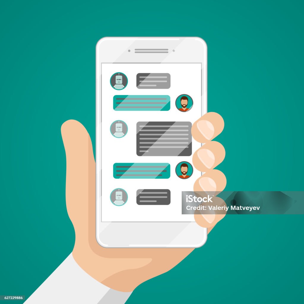 Man chatting with chat bot on smartphone vector illustration Man chatting with chat bot on smartphone vector illustration. Communication with chat bot use smartphone, message for chat bot Smart Phone stock vector