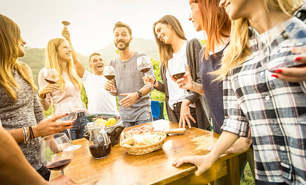 istock Happy young friends having fun outdoor drinking red wine 627230374