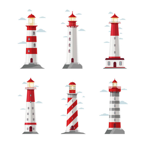 Cartoon lighthouse icons Cartoon lighthouse icons. Vector beacon or pharos set for sea security vector illustration. Set of striped lighthouses, sea beacon for security and navigation lighthouse stock illustrations