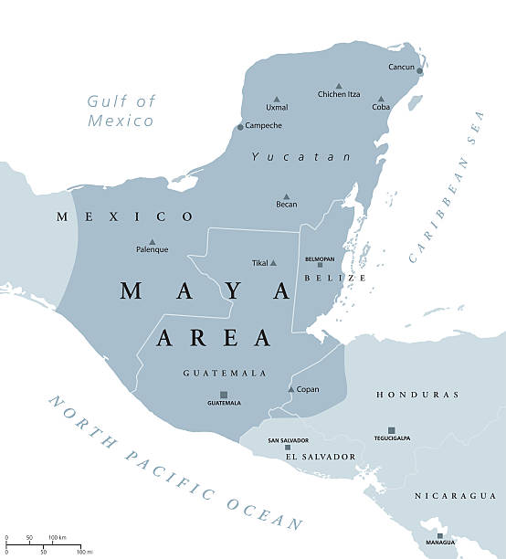 Maya area political map Maya area political map. Mesoamerican civilization and high culture of pre-Columbian Americas. Capitals, national borders and most important ancient cities. Illustration with English labeling. Vector. uxmal stock illustrations