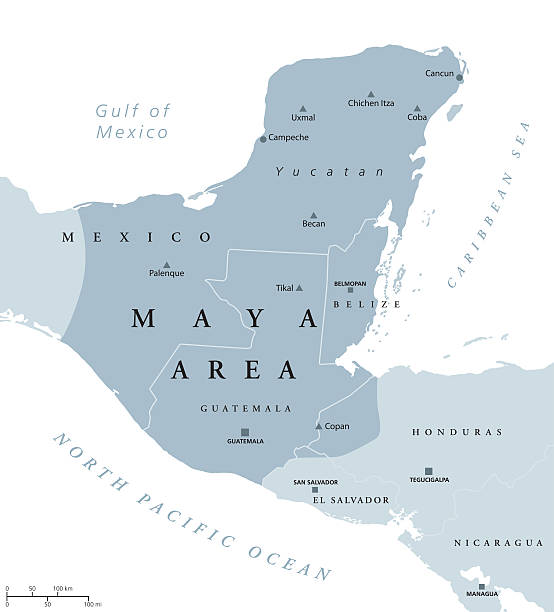 Maya area political map Maya area political map. Mesoamerican civilization and high culture of pre-Columbian Americas. Capitals, national borders and most important ancient cities. Illustration with English labeling. Vector. ancient civilization stock illustrations