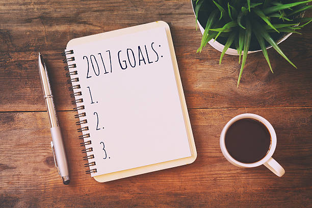 istock Top view 2017 goals list with notebook, cup of coffee 627240134