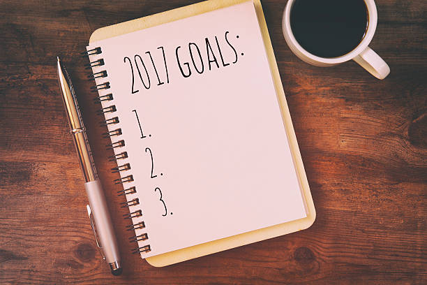 istock Top view 2017 goals list with notebook, cup of coffee 627251676