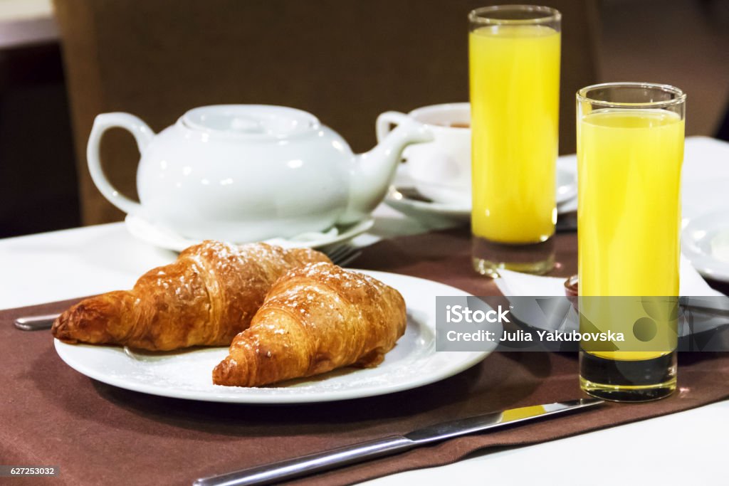 European french breakfast, business lunch, croissant, European breakfast in a restaurant, cafe or hotel. Baked Pastry Item Stock Photo